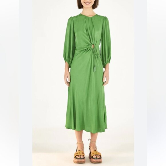 FARM RIO Anthropologie green long sleeve maxi midi satin dress circle cut out - Picture 3 of 10